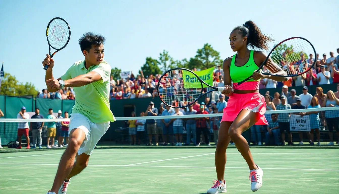 tennis players competing at a lively tournament.