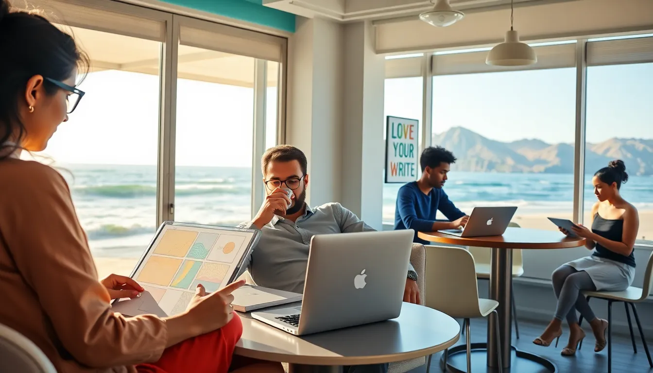 diverse digital nomads working in a beachside café.