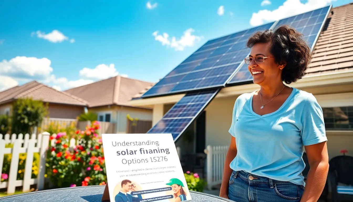 a woman examining new solar panels on her home in a sunny backyard.