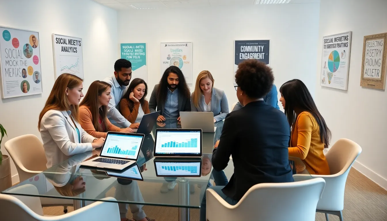 diverse marketing team discussing social media updates in a modern office.