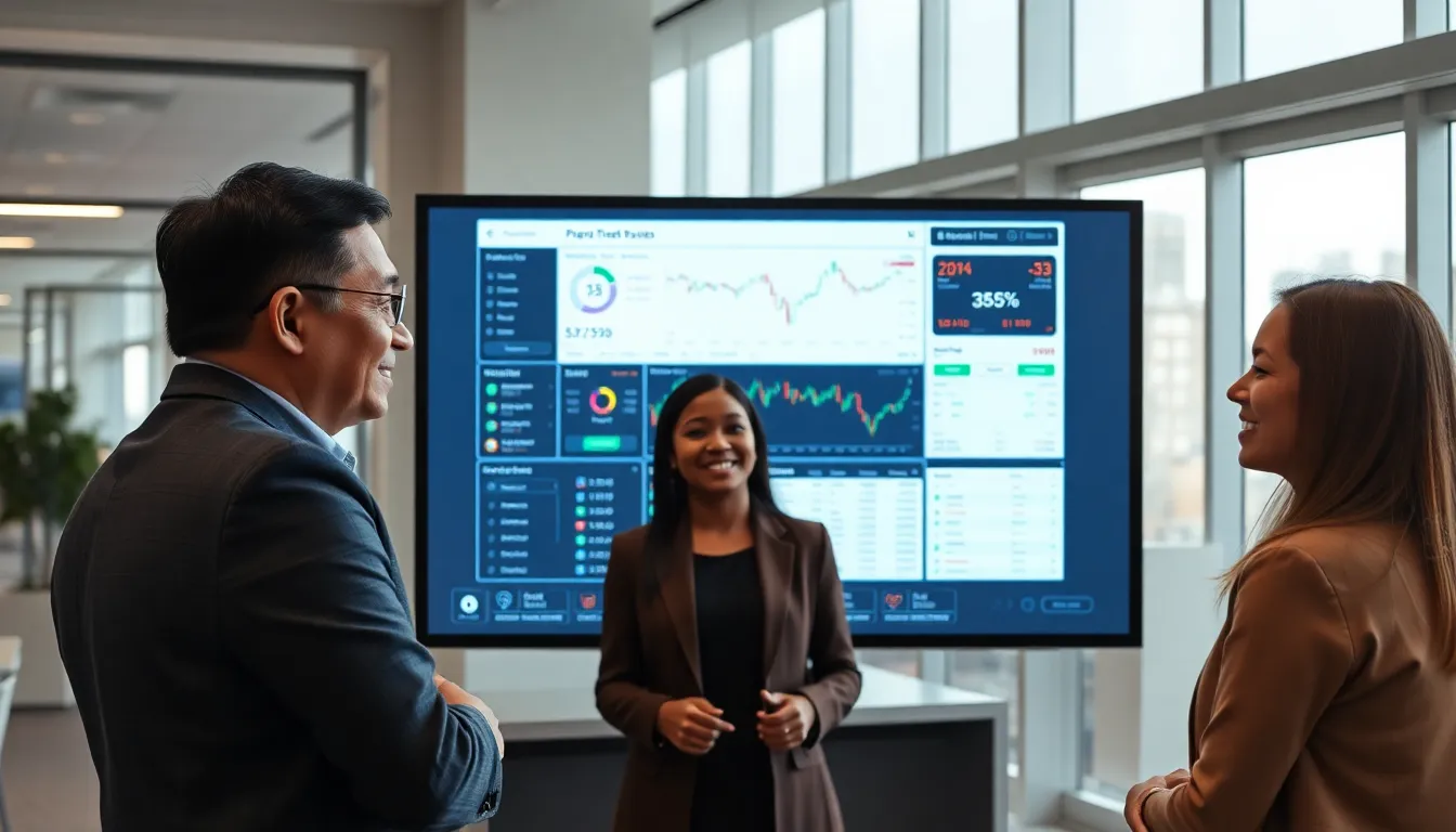 diverse professionals discussing cryptocurrency trading at a modern office.