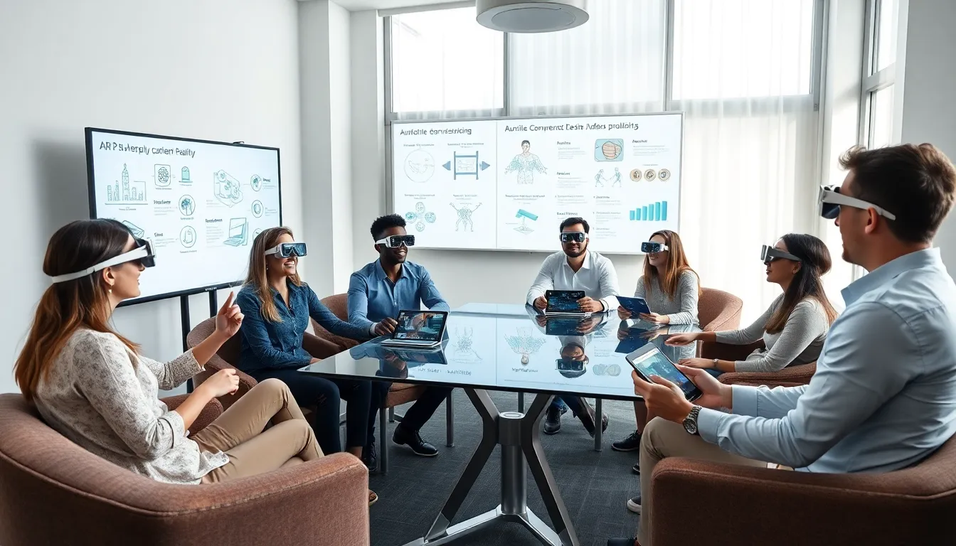 professionals engaged in an augmented reality workshop in a modern classroom.