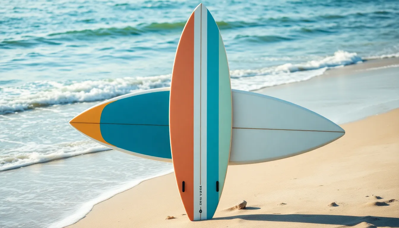 Anatomy of a surfboard displayed on a beach.