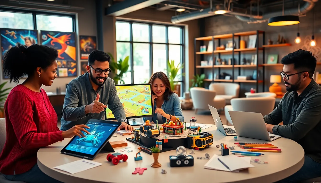 a diverse team collaborating in a modern game development office.