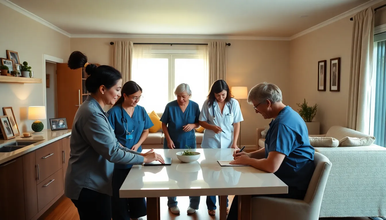 caregivers assisting an elderly client in a modern home setting.