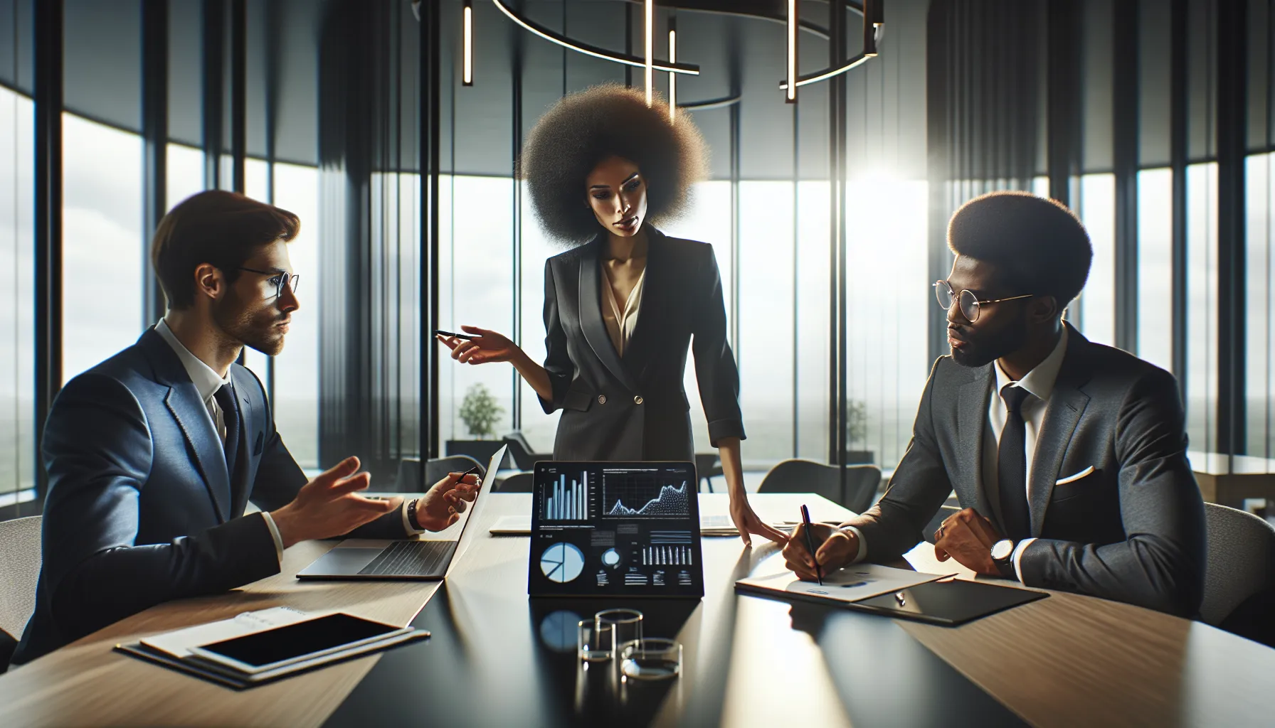 professionals discussing the significance of the number 6477666298 in an office.