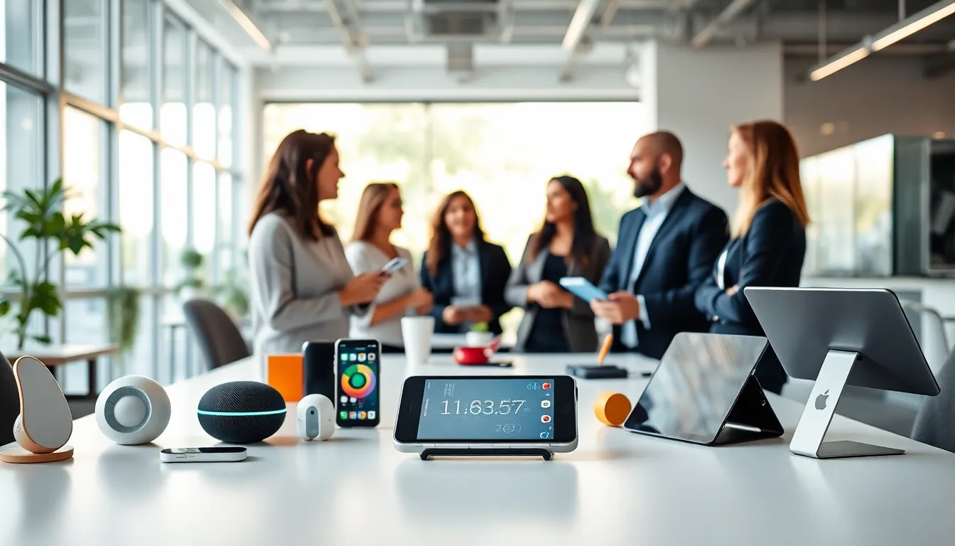 professionals discussing innovative gadgets in a modern office.