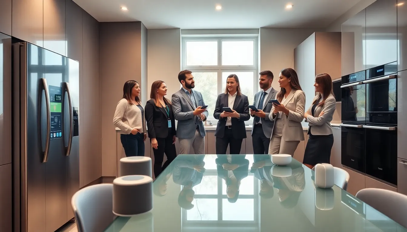 modern kitchen with smart appliances and professionals discussing technology.