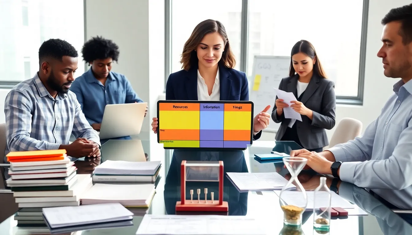 Project manager pointing to a tablet showing a resources matrix in a sunny office.