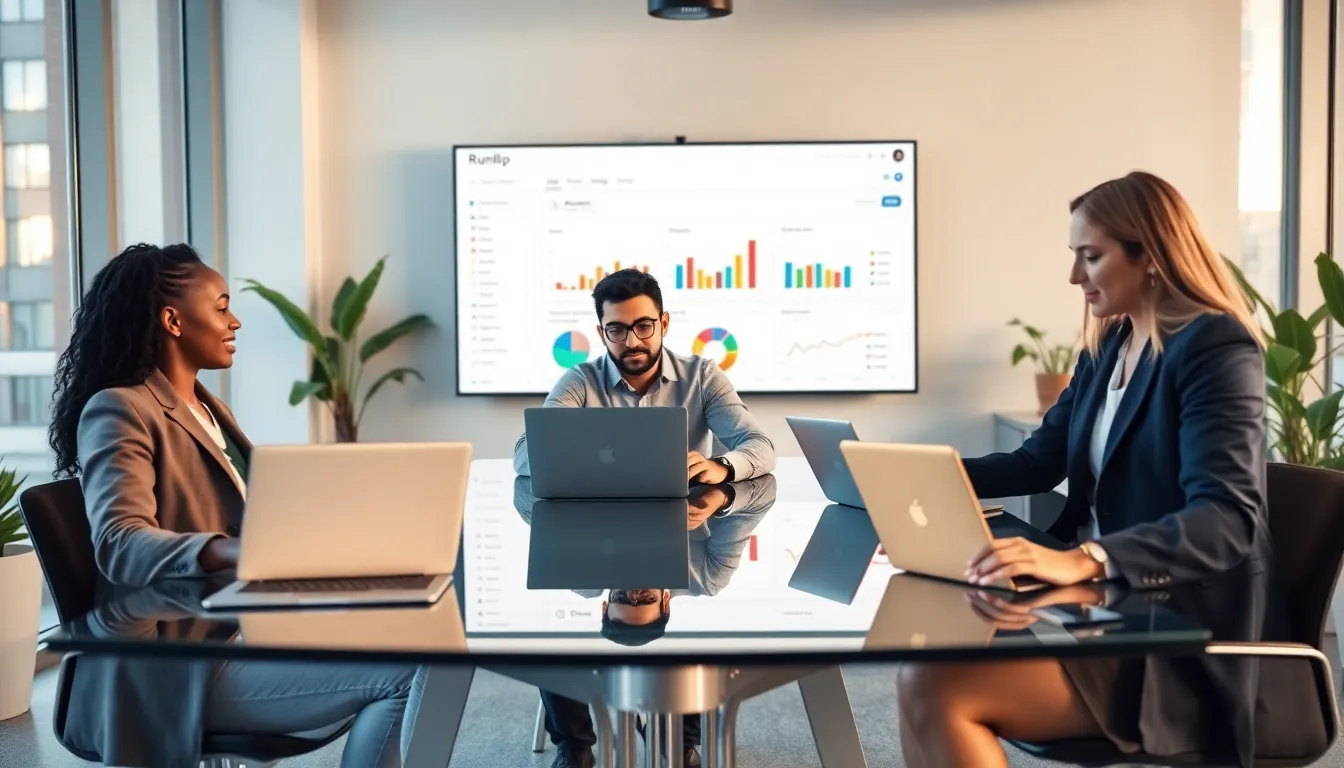 diverse team collaborating on project management software in a modern office.