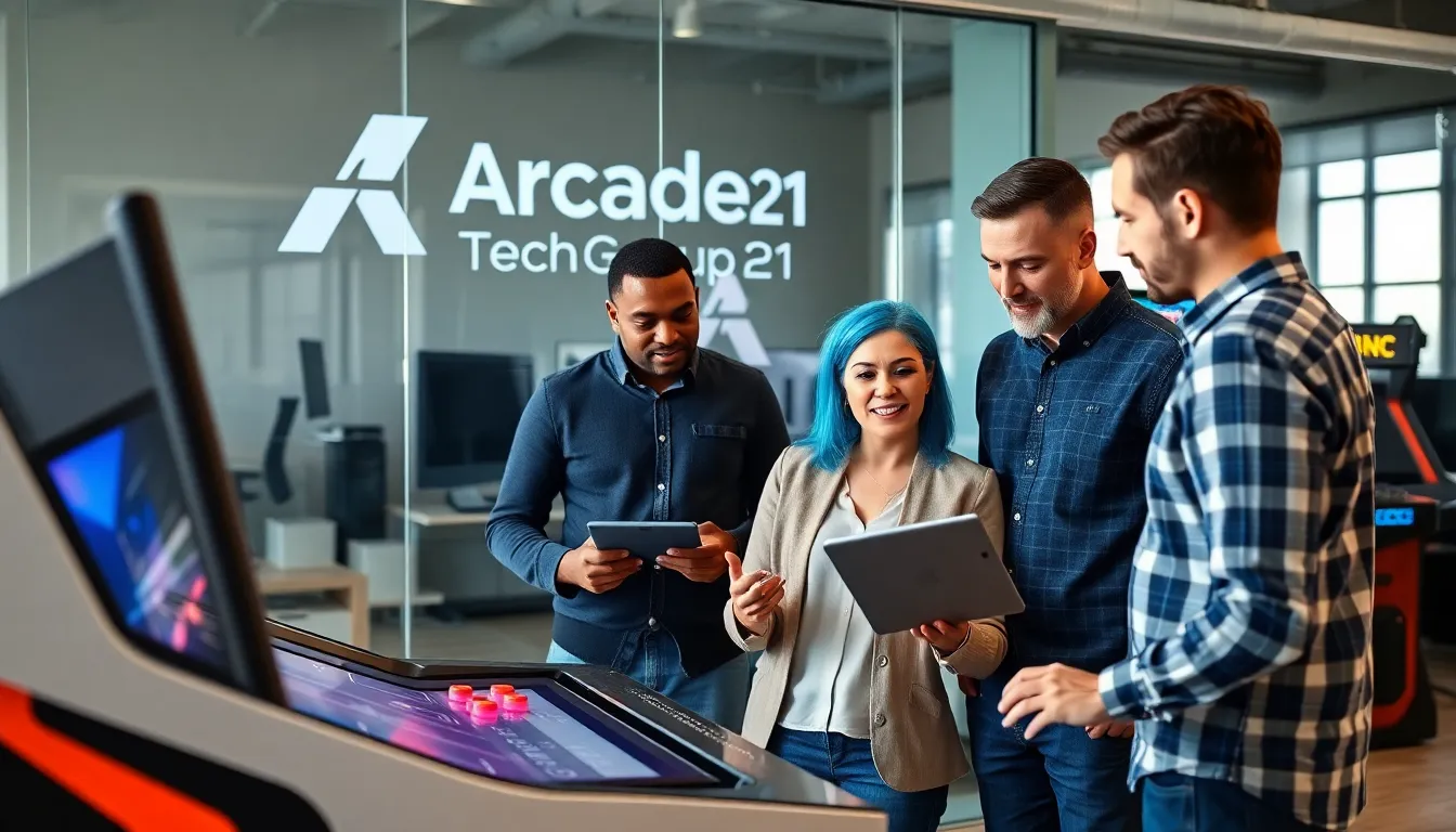 team of diverse tech enthusiasts in a modern gaming workspace.