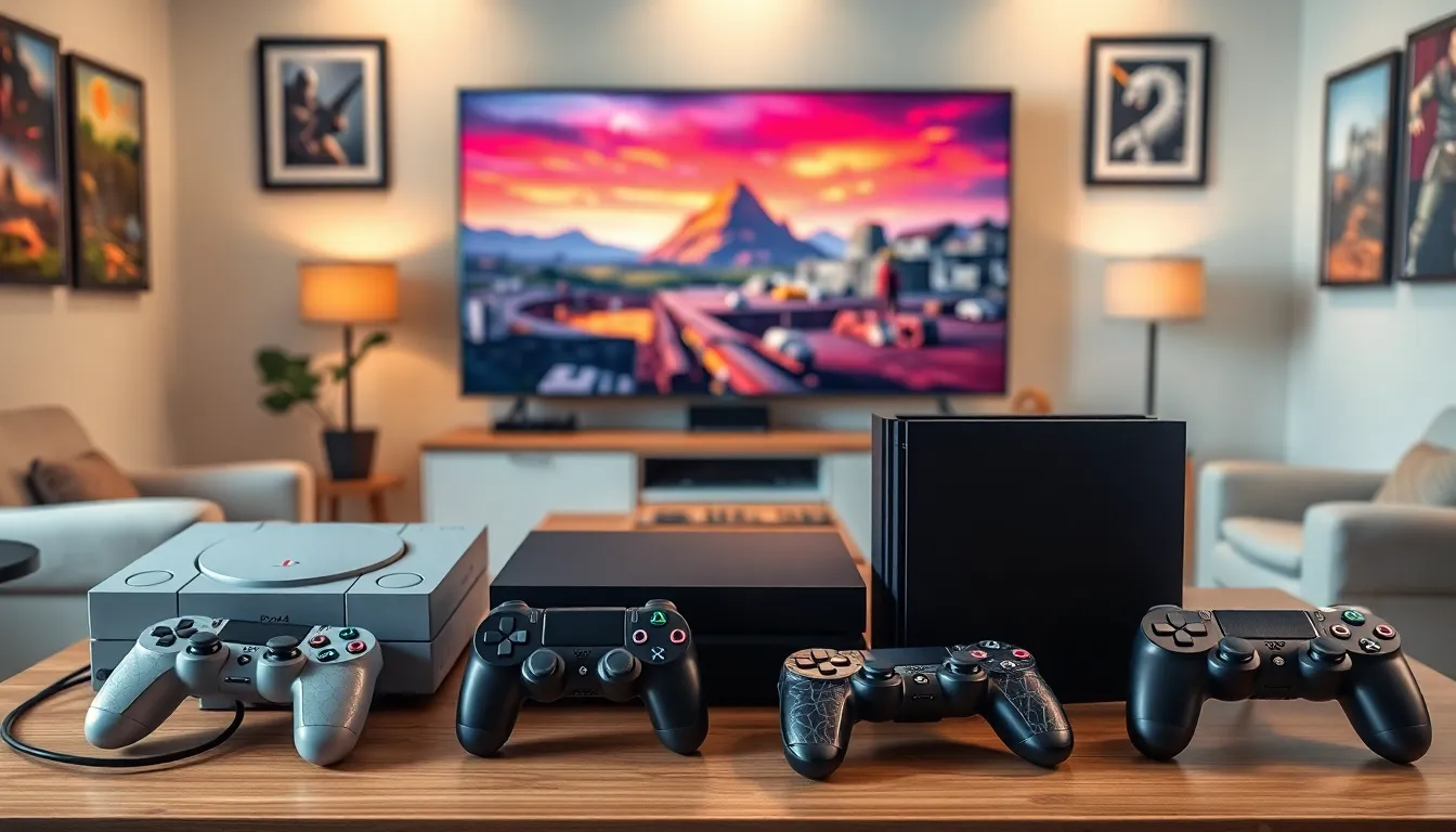 a collection of PlayStation consoles displayed in a modern living room.