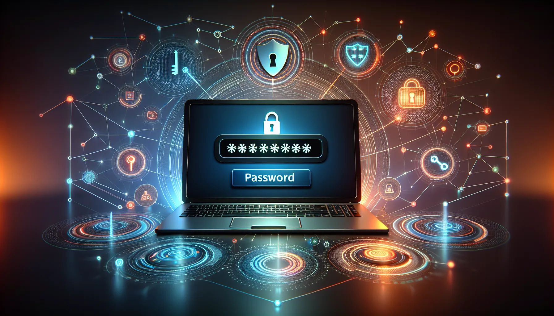 Laptop showing secure password entry with cybersecurity symbols.