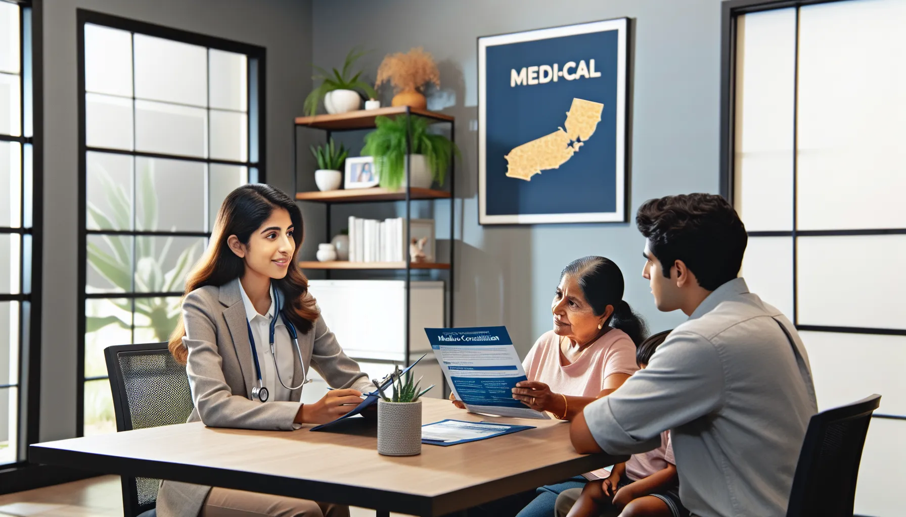 A consultant explaining Medi-Cal benefits to a family in a California healthcare office.