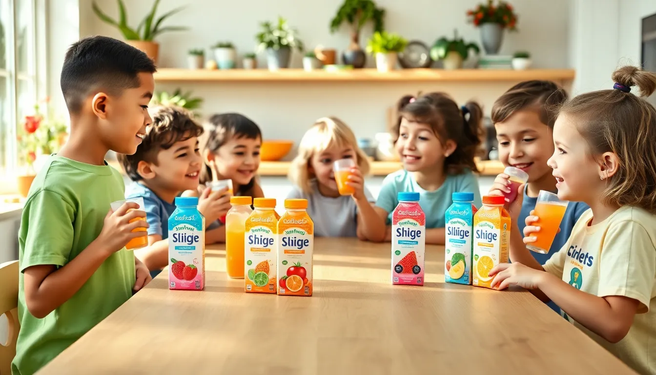 children enjoying colorful nutrition drinks in a bright kitchen.