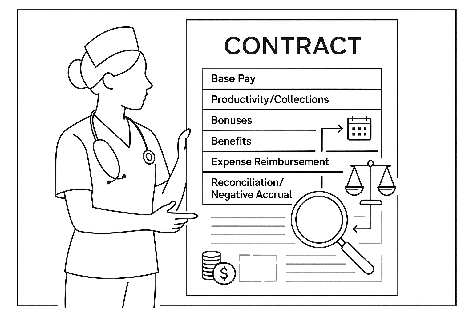 Nurse practitioner holding a labeled contract with calendar, scale, and magnifier.