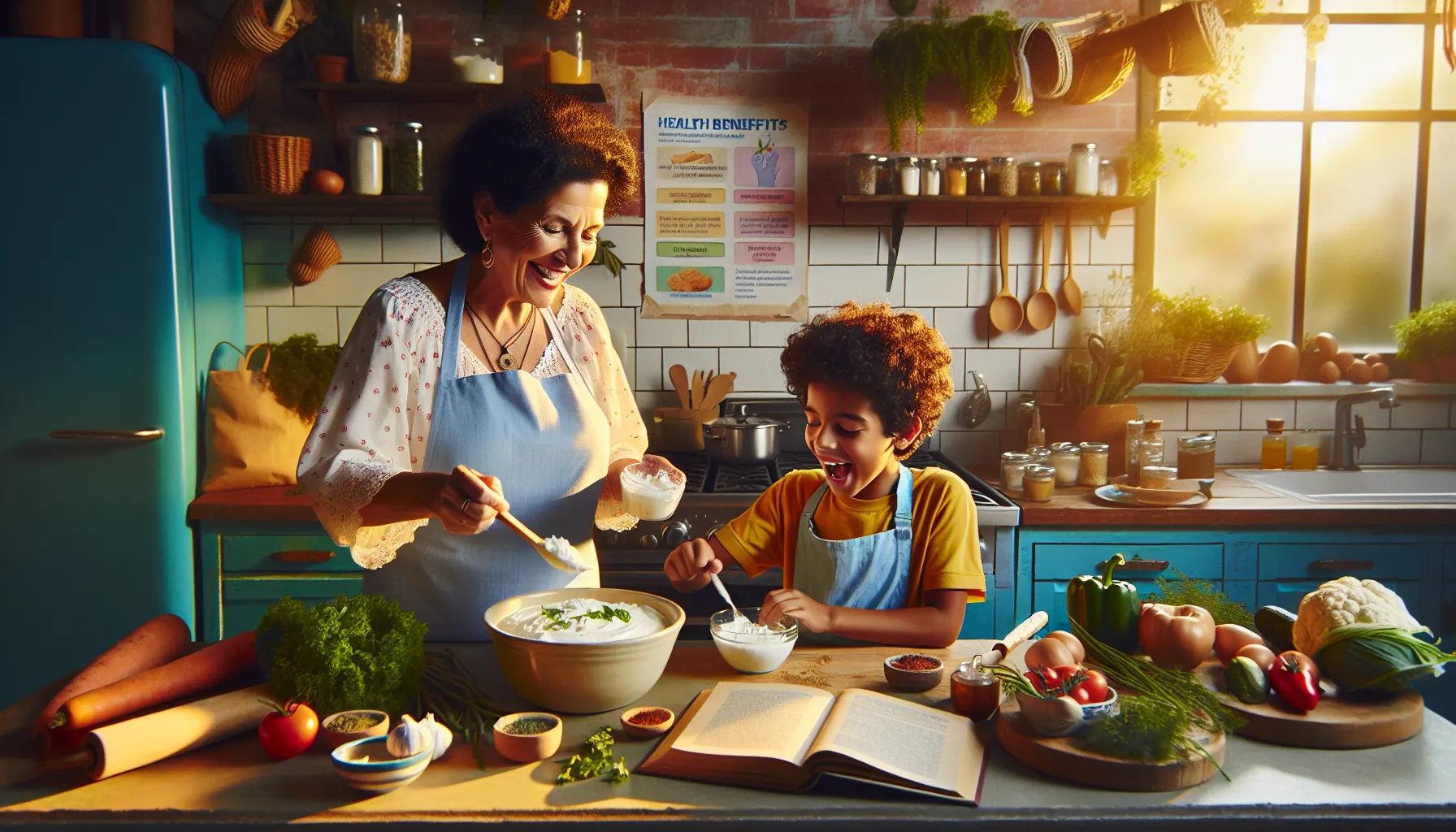 a woman and boy cooking with curd in a bright kitchen.