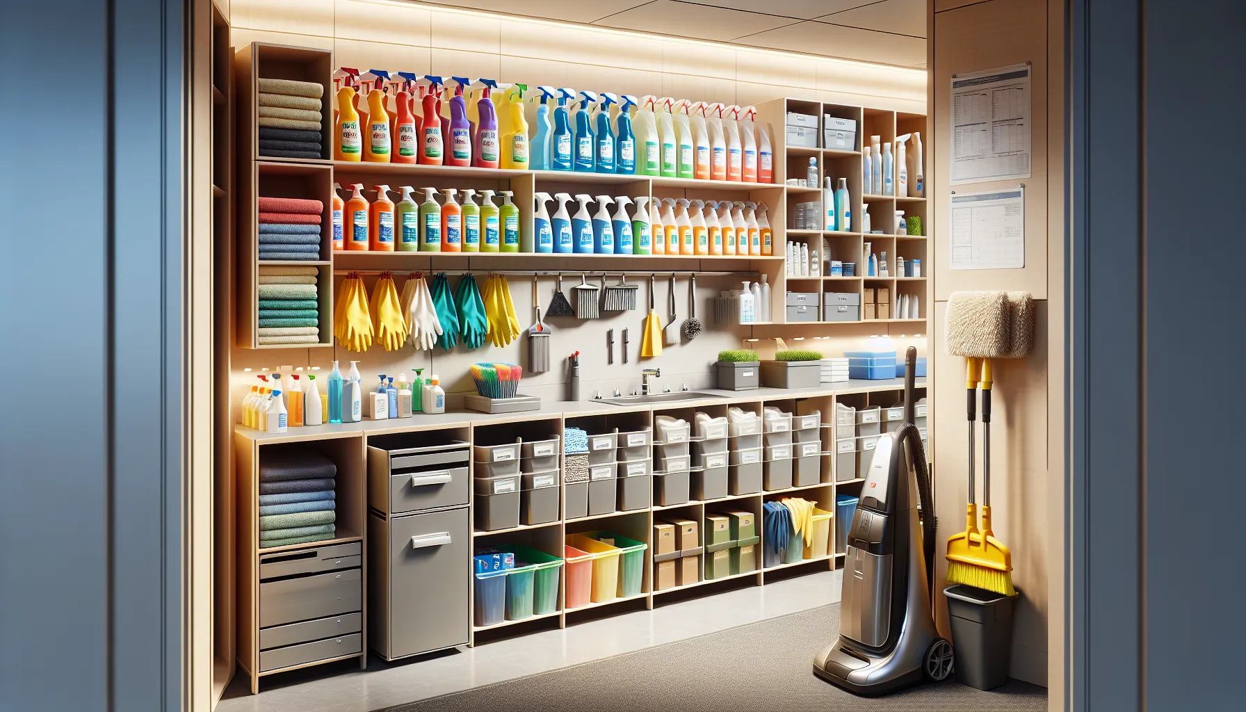 Well-organized office cleaning supply closet with modern tools and products.