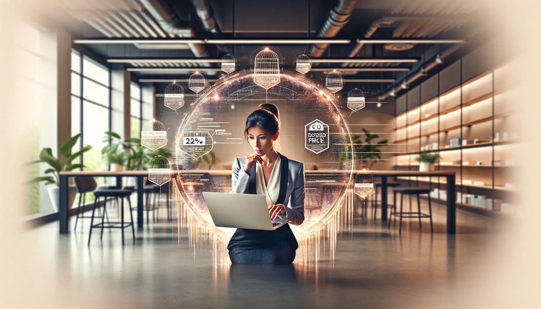 Professional browsing for discount codes on a laptop in a modern office.