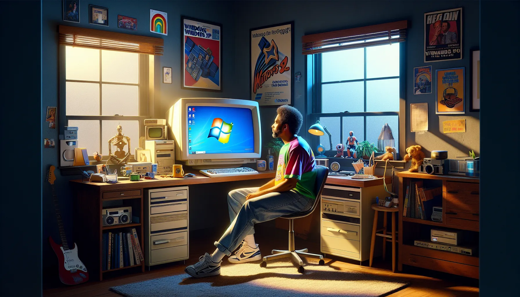 A user working on a vintage Windows XP computer in a home office.