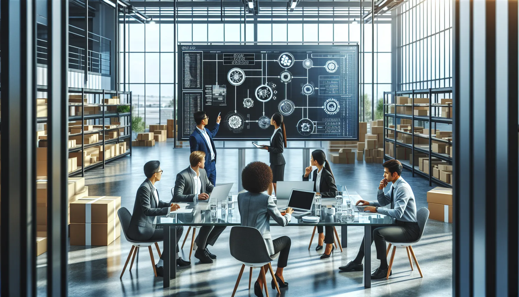 diverse team discussing logistics in a modern office setting.