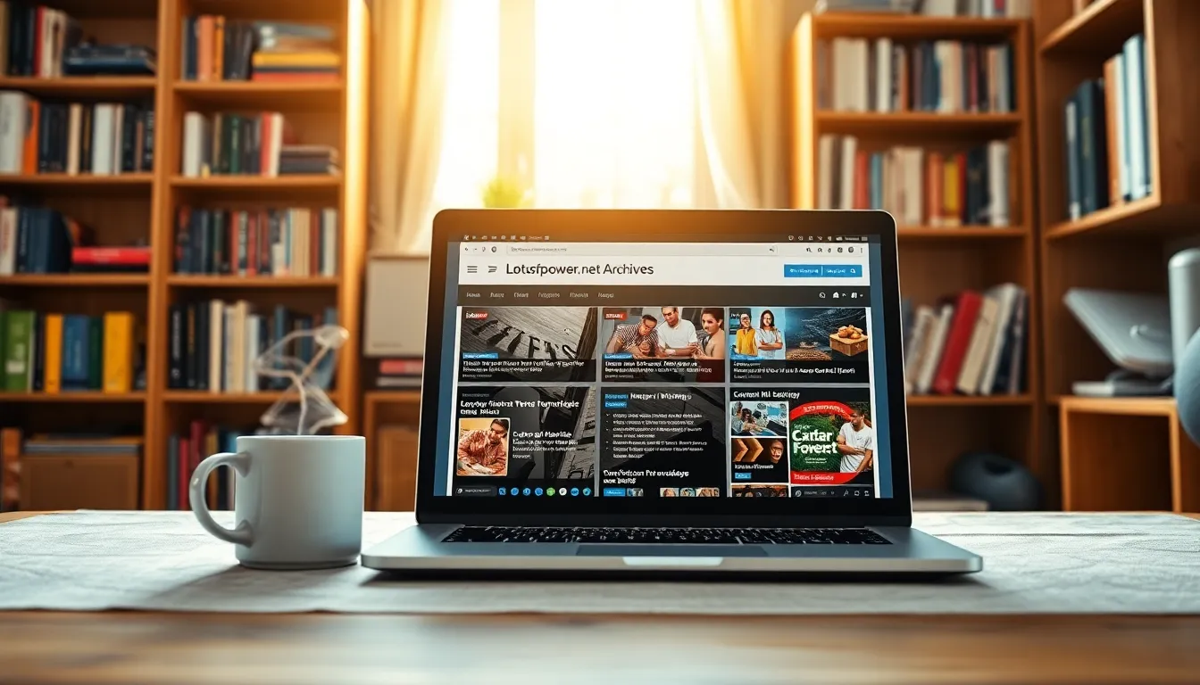 a cozy workspace featuring a laptop displaying Lotsofpower.net archives.