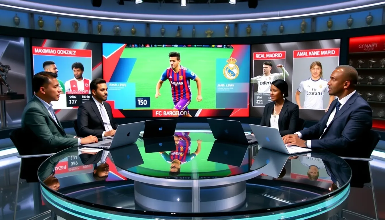 diverse sports analysts discussing football transfer news in a modern studio.
