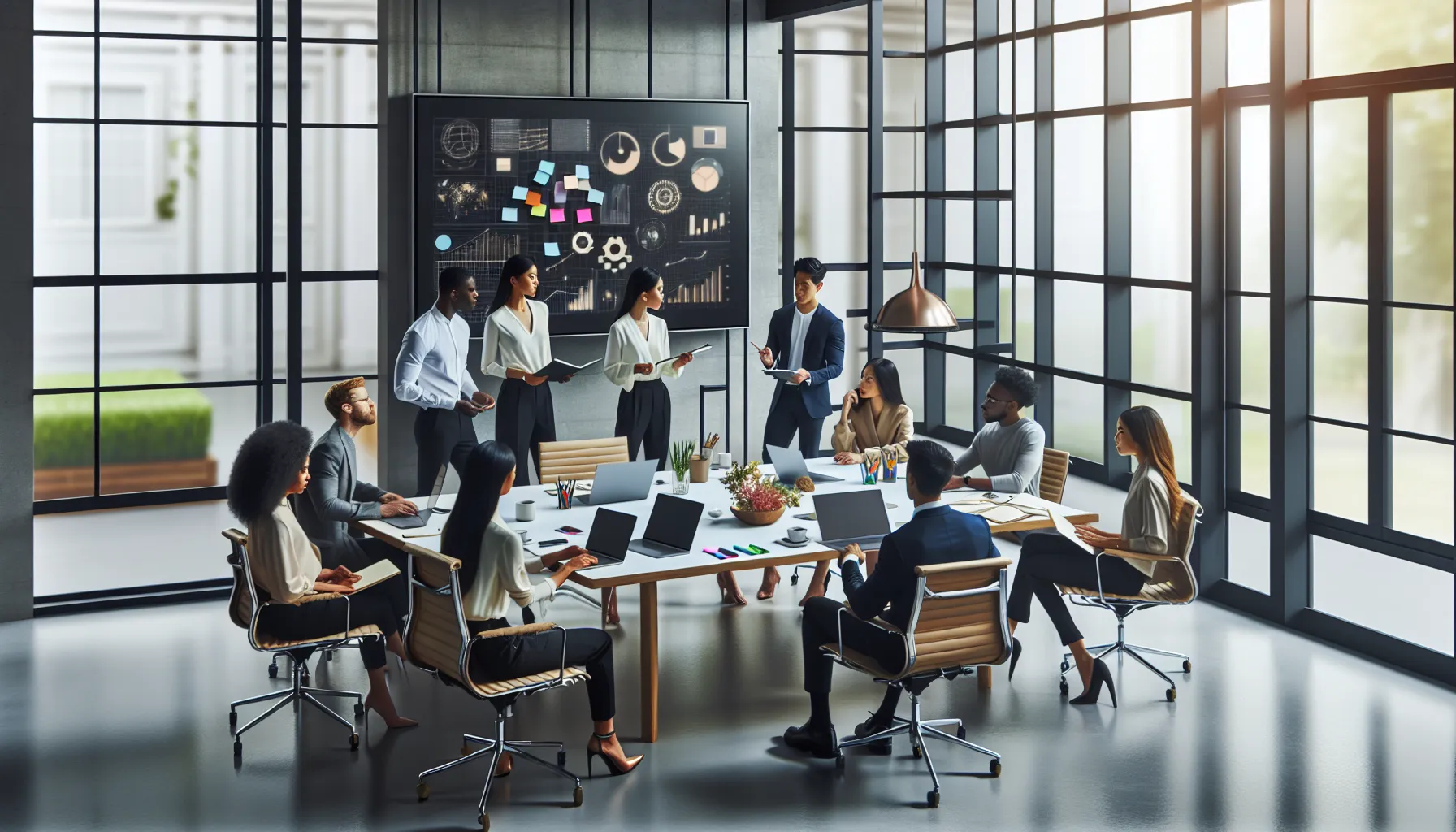 diverse team brainstorming in a modern office setting.