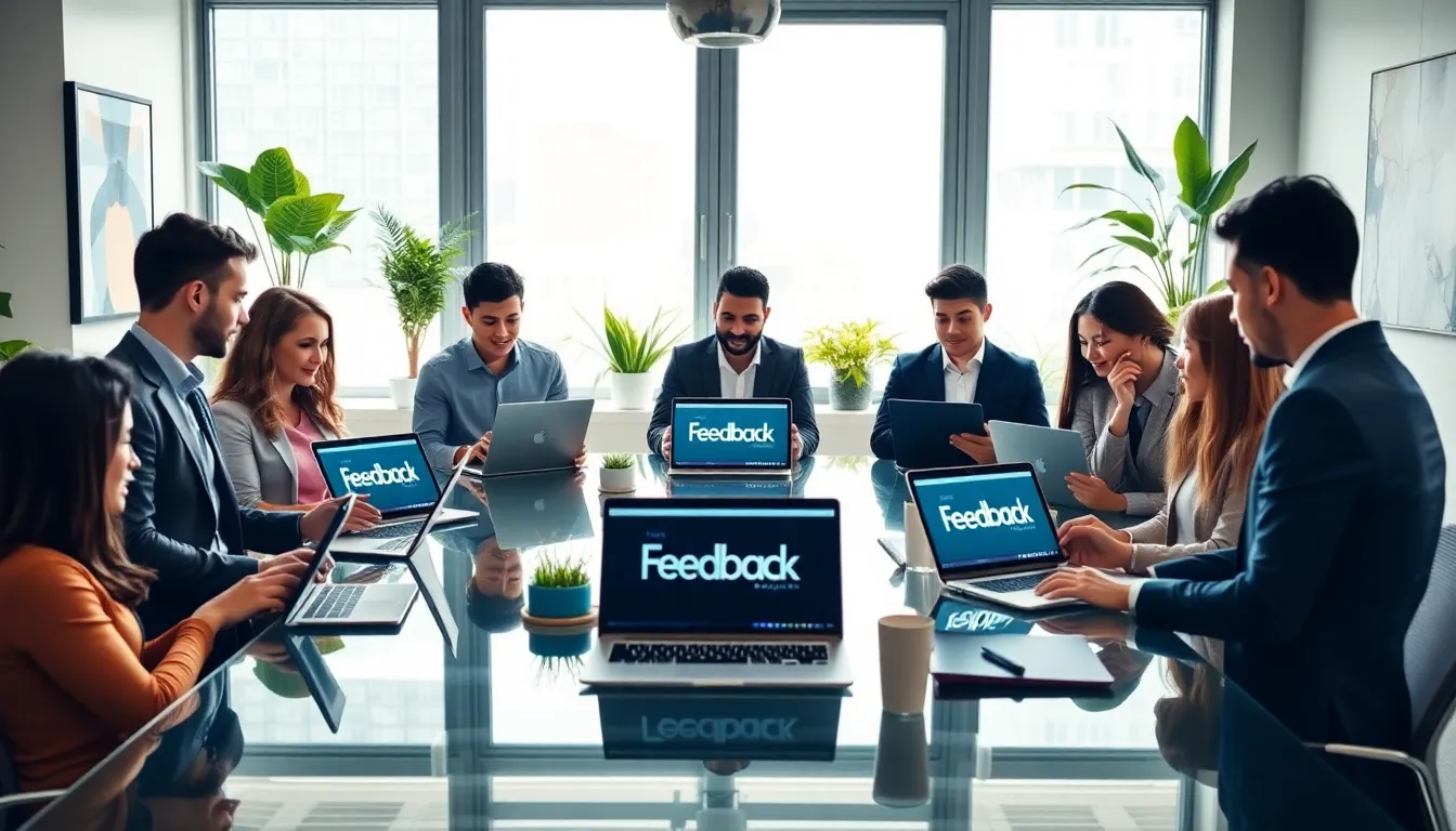 diverse professionals discussing trends in a modern office setting.