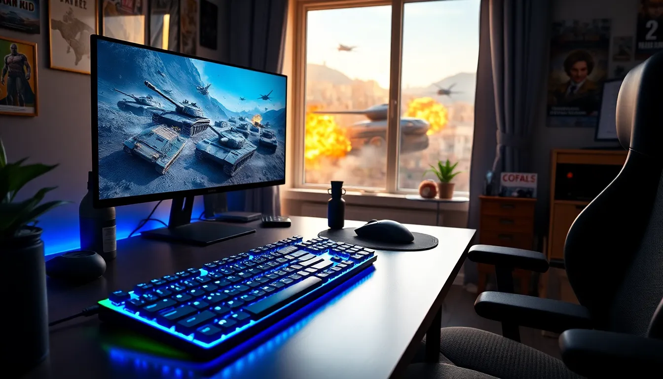 A gaming setup featuring a keyboard and a screen displaying Tank Rapid.