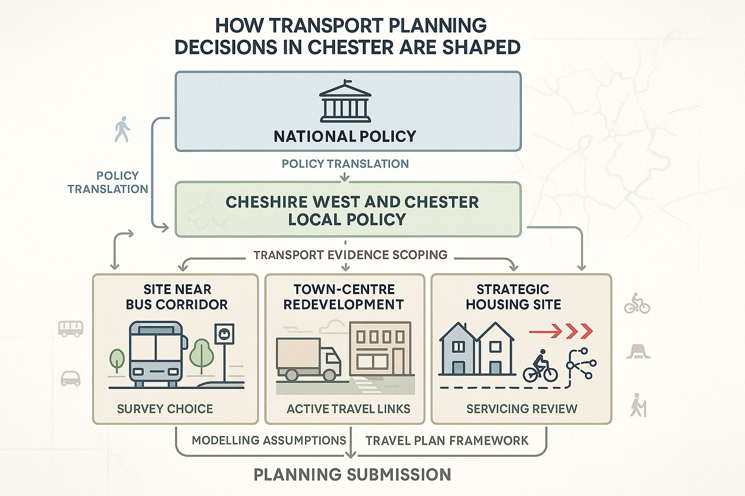 Infographic showing how Chester planning policy shapes transport evidence requirements.