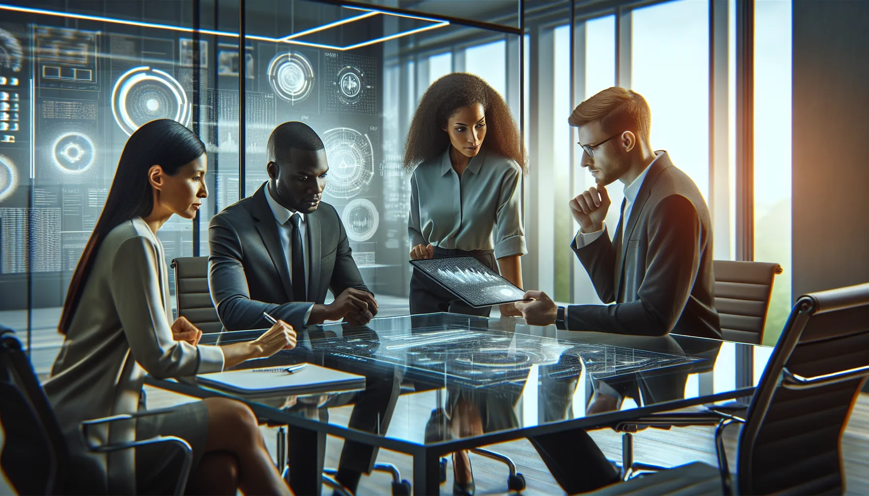 diverse team discussing technology in a modern office.