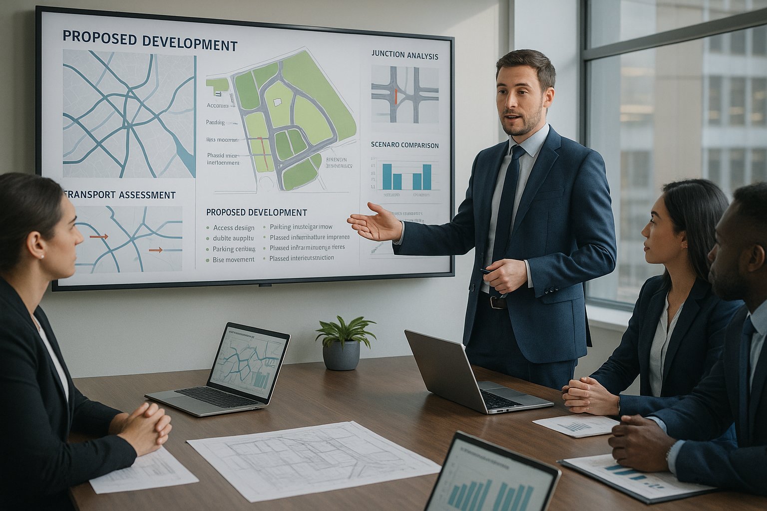 Transport consultants reviewing development traffic plans in a modern UK office.