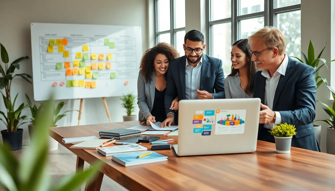 professionals collaborating in a modern workspace for budget-friendly event planning.