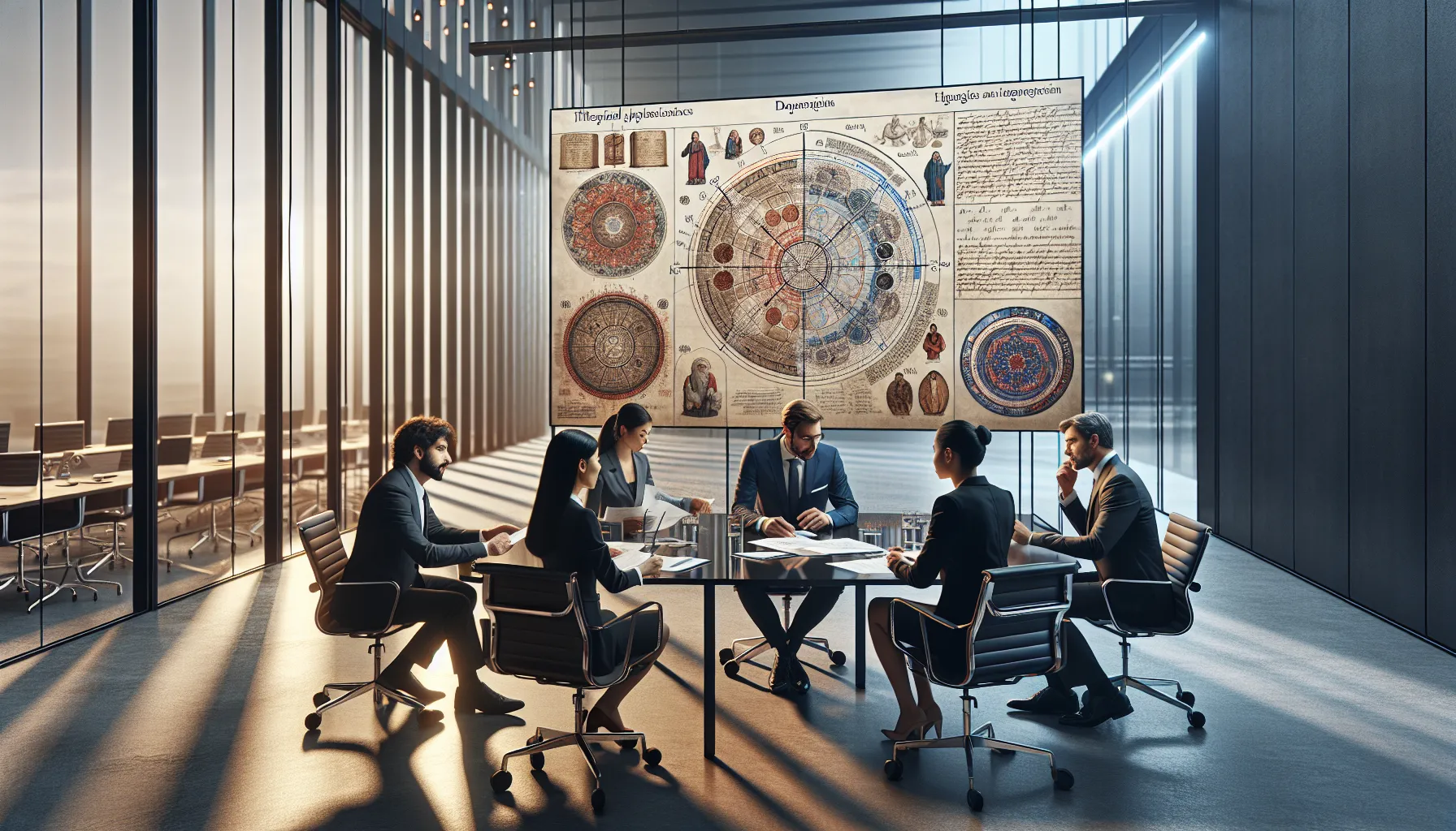 diverse team discussing historical concepts in a modern conference room.