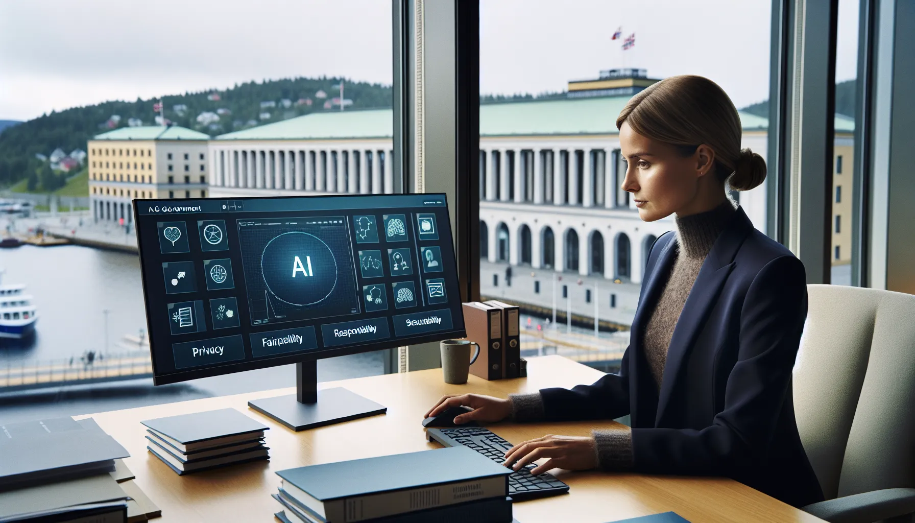 Norwegian civil servant reviewing ethical ai principles on a computer in a government office.