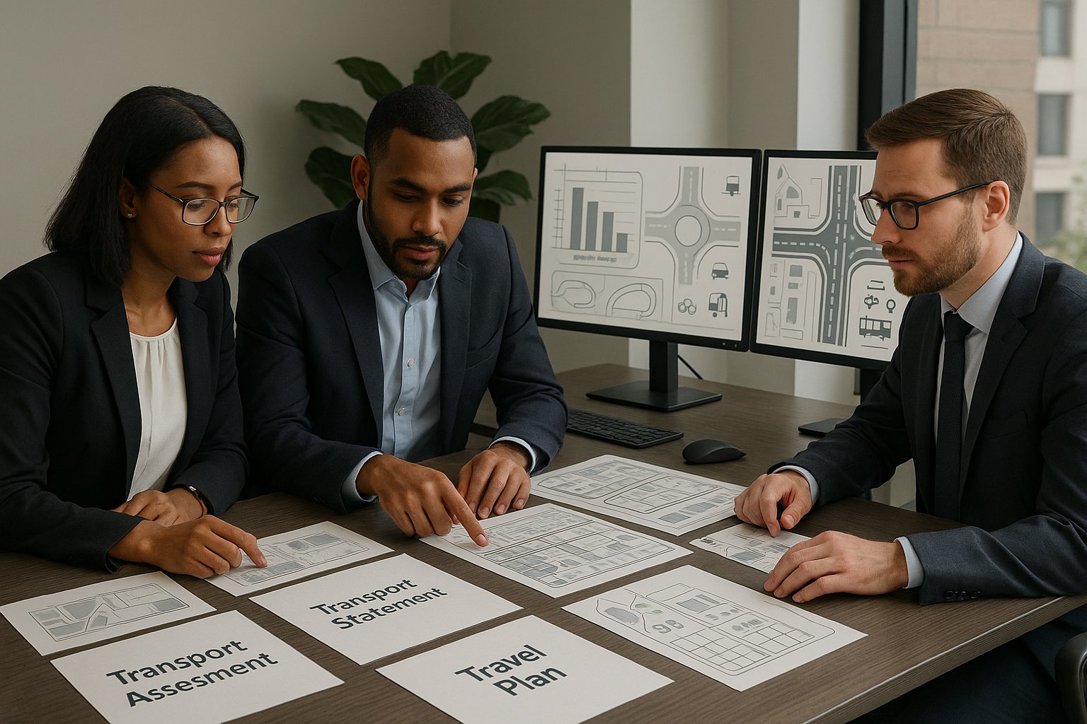 Transport planning consultants reviewing UK planning reports in a modern office.