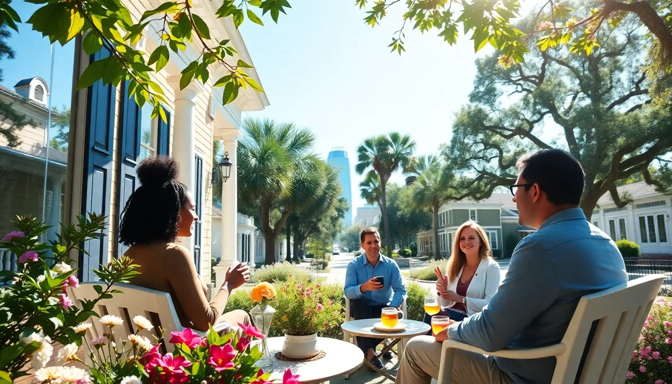 Diverse professionals enjoying sweet tea on a porch in Charleston, SC.