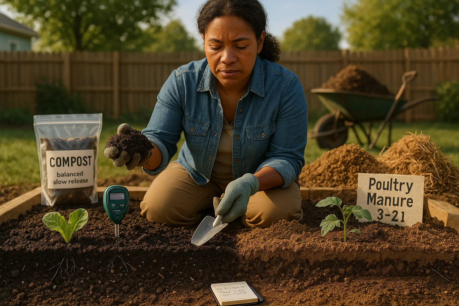 Gardener comparing crumbly compost and strawy poultry manure in a backyard bed.