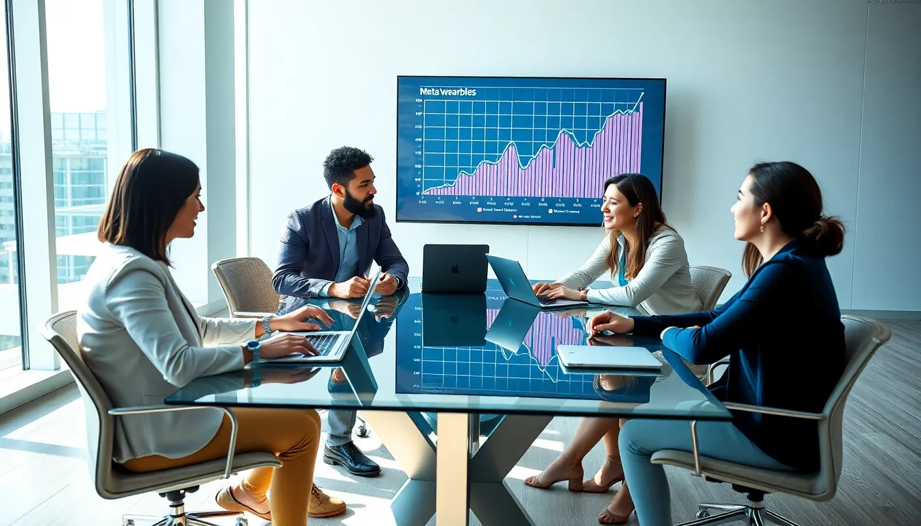 diverse professionals discussing meta wearables in a modern office.