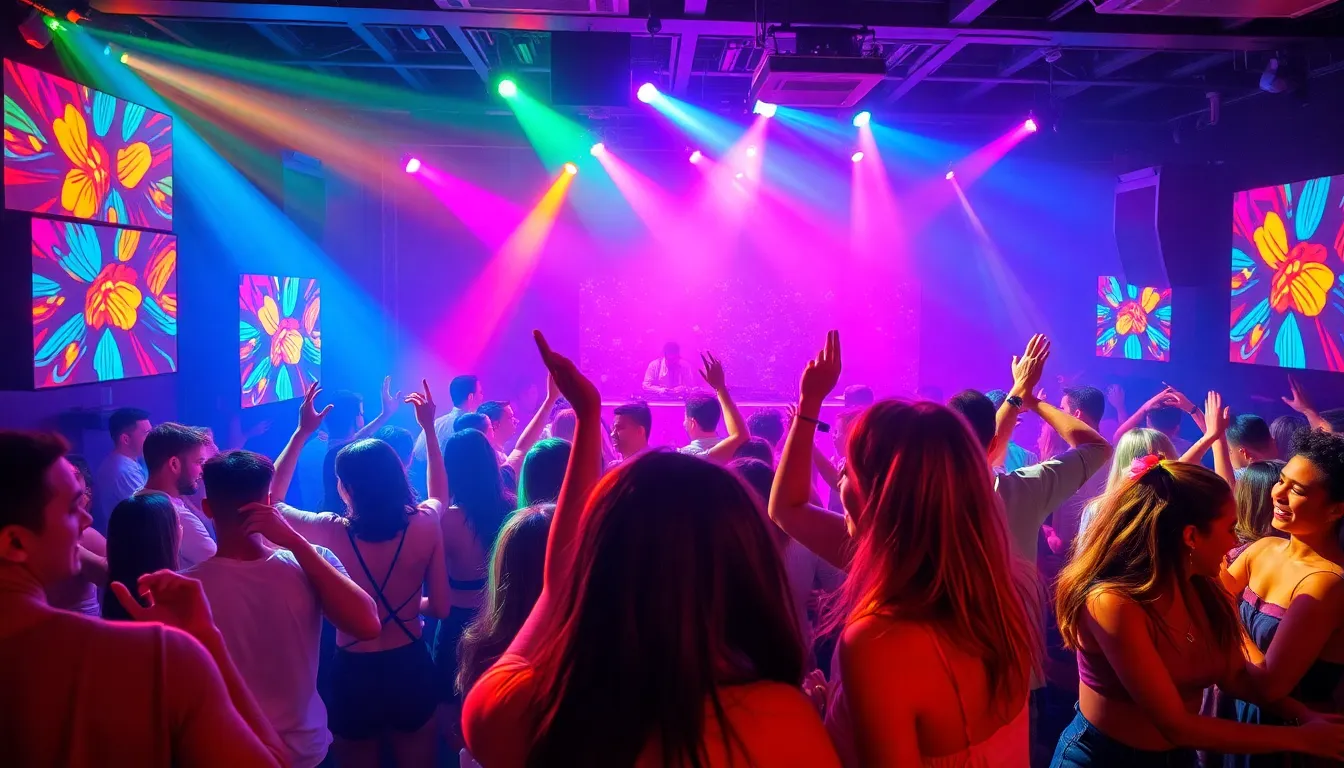 diverse crowd dancing in a vibrant nightclub setting.