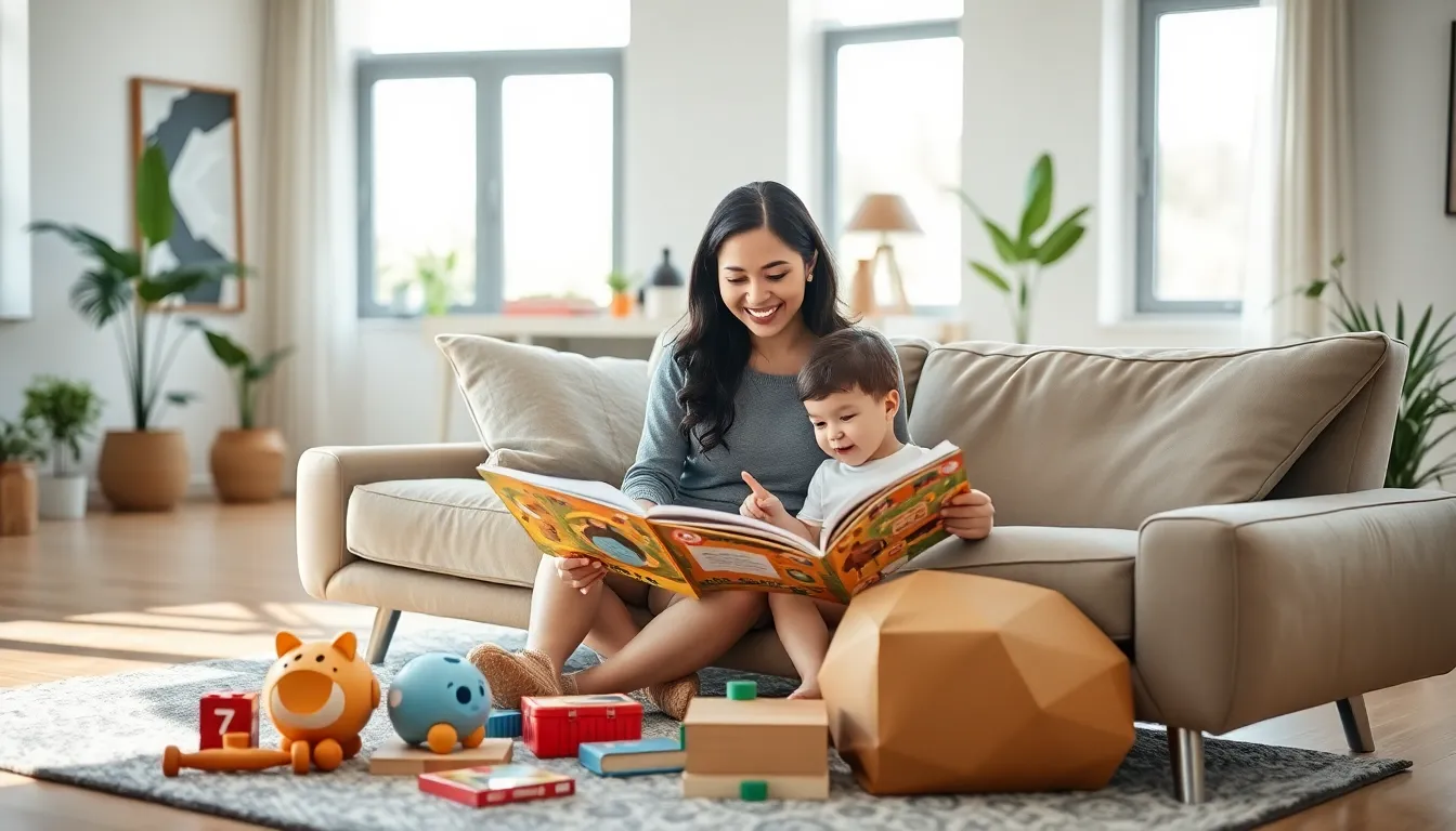solo parent reading with child in a bright, modern living room.