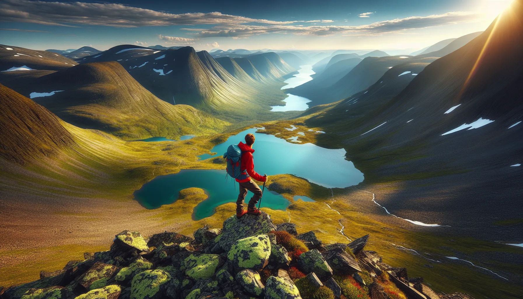 Hiker on besseggen ridge overlooking green gjende and turquoise bessvatnet in jotunheimen.
