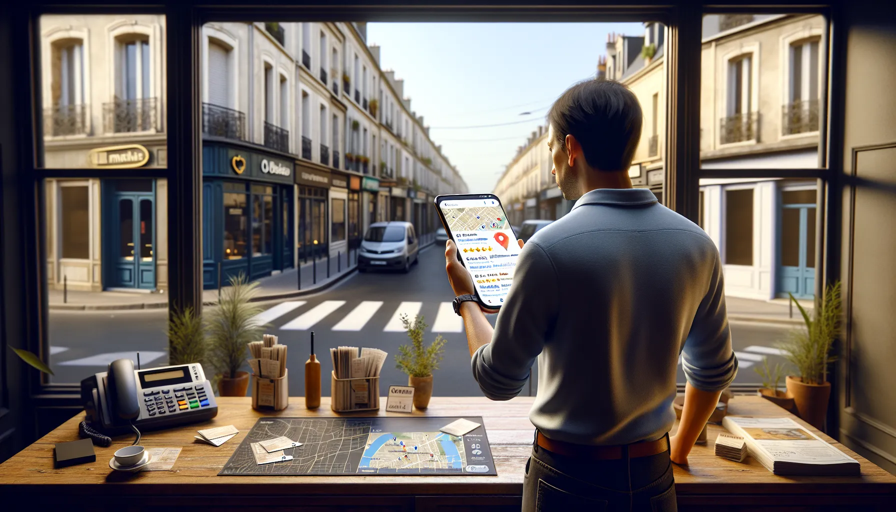 Local shop owner in Noisiel checking their Google Maps visibility on smartphone.
