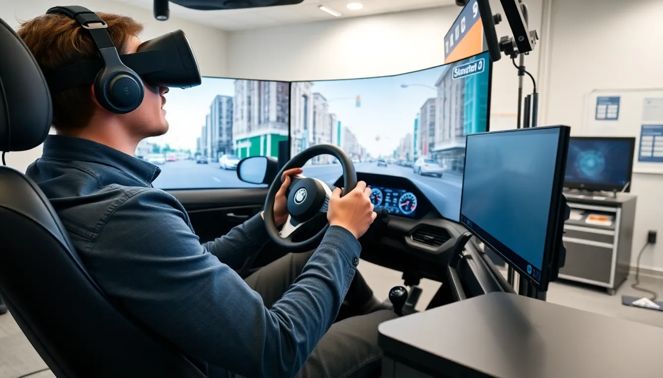 person using a VR driving simulator in a modern training facility.