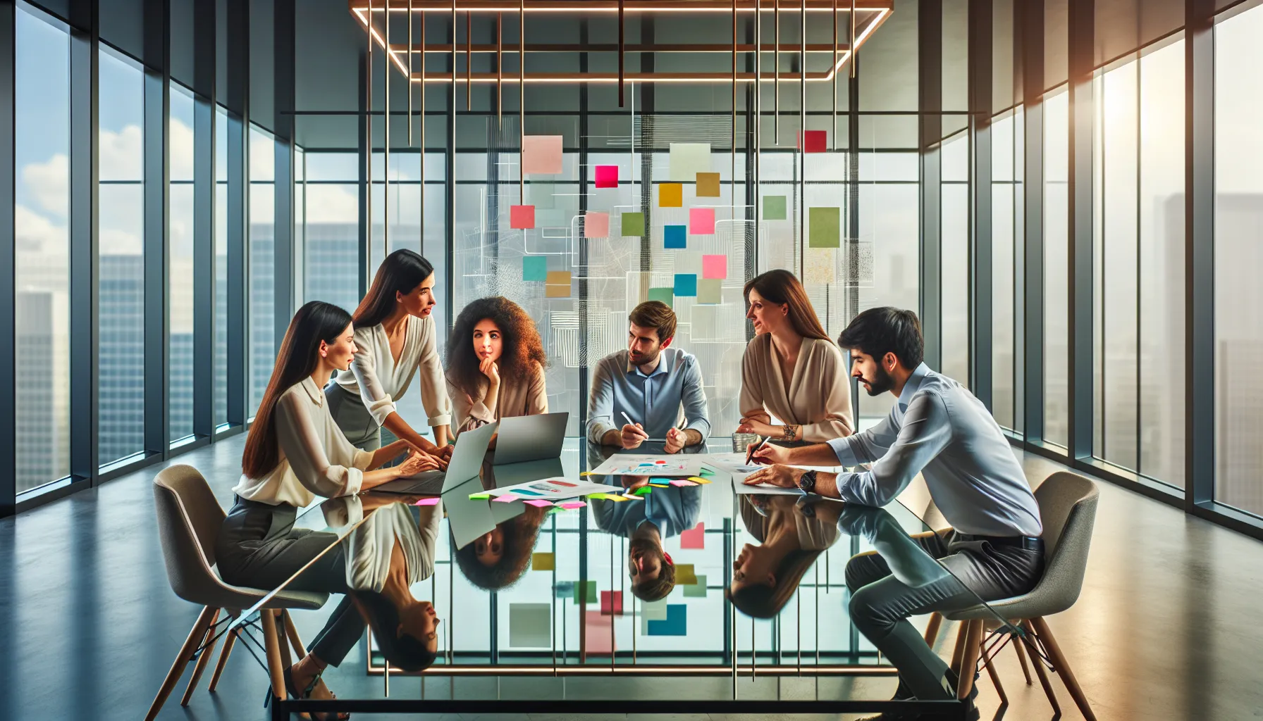 diverse professionals collaborating in a modern office setting.