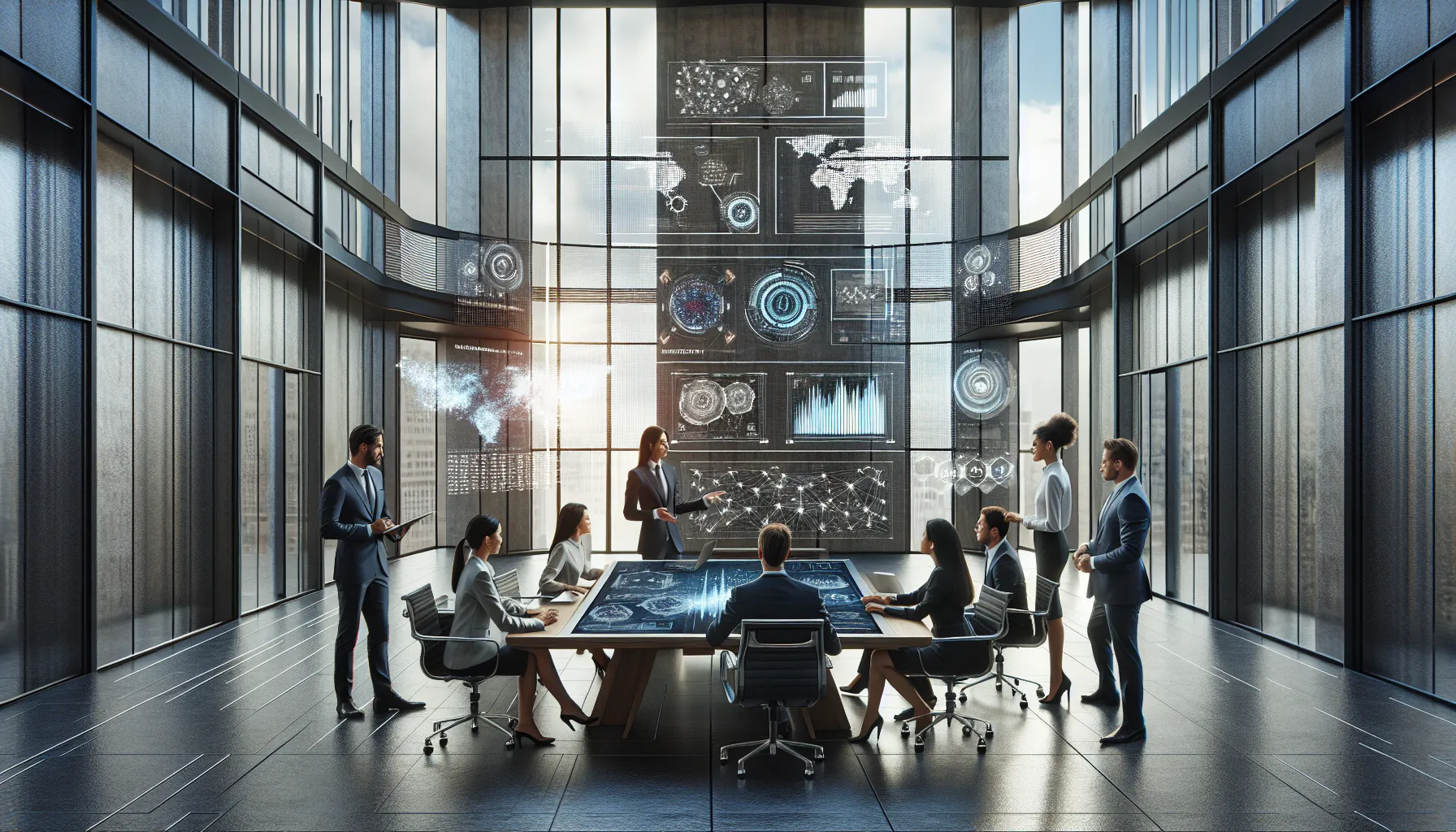 diverse team discussing data analytics in a modern office setting.