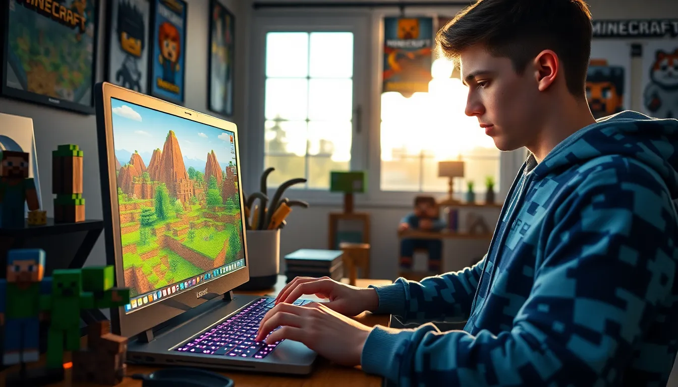A young man programming in Minecraft with a vibrant game scene on his laptop.