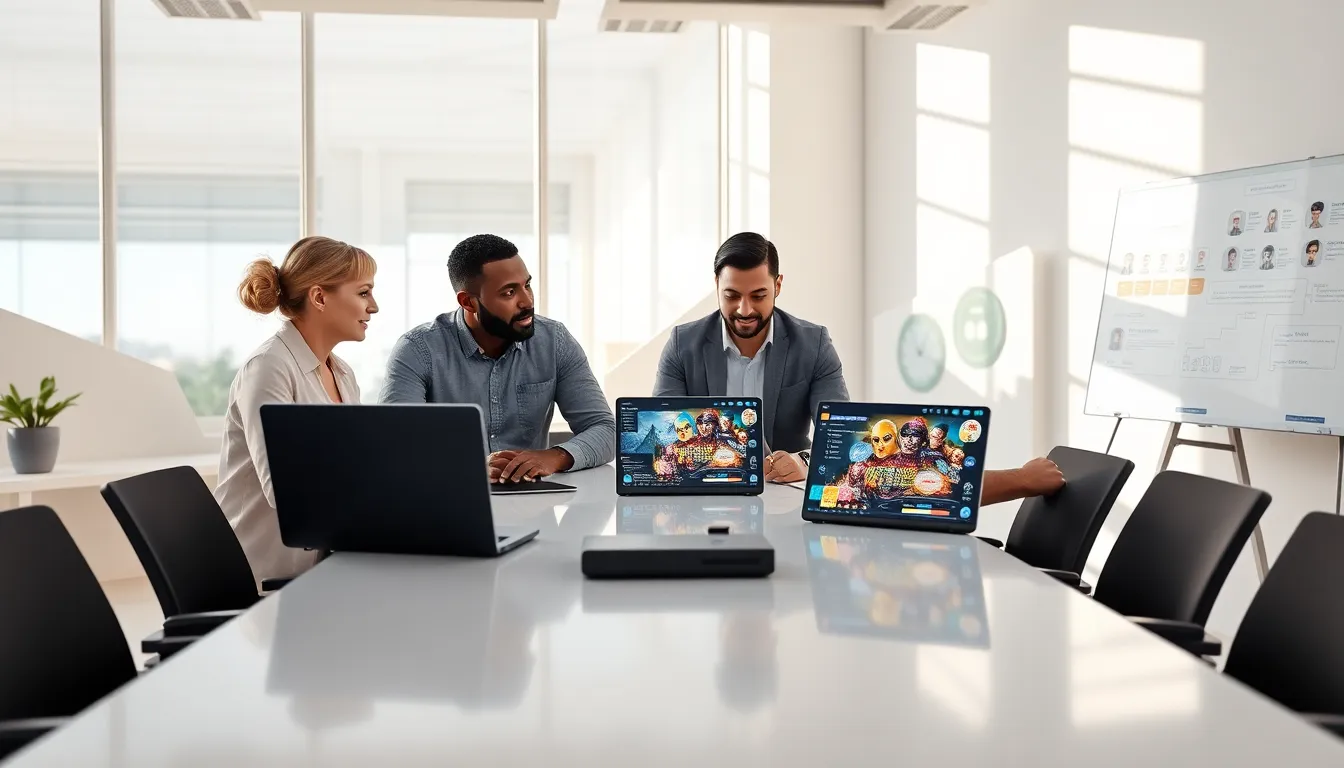 diverse team collaborating on character design in a modern office.