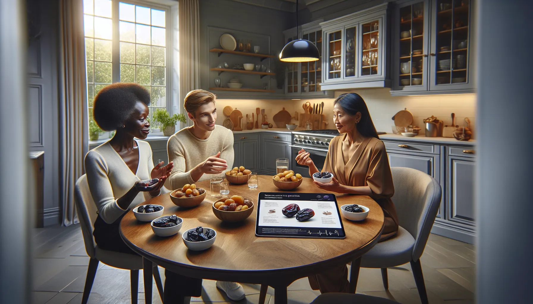 diverse group enjoying prunes in a modern kitchen setting.